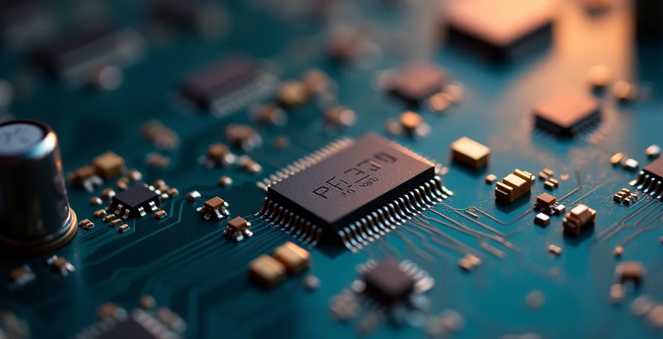 Vue macro d'une surface de circuit imprimé avec reflets lumineux dorés