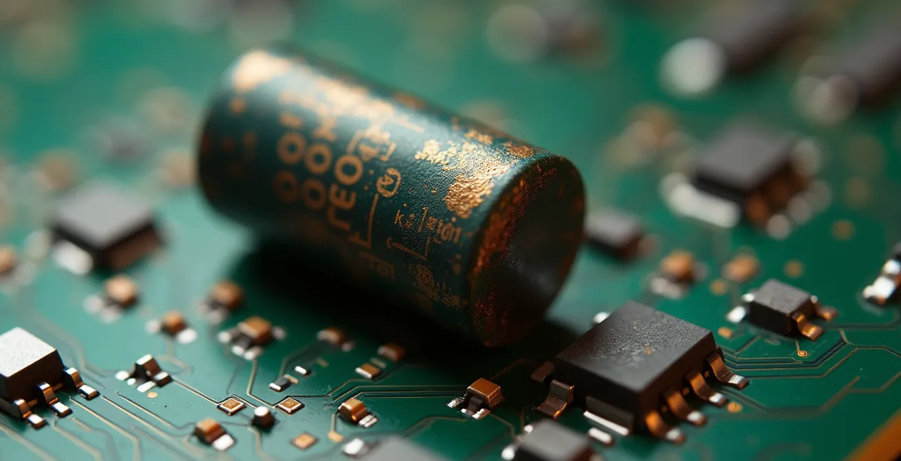 Détail macro d'un composant électronique montrant des signes d'usure