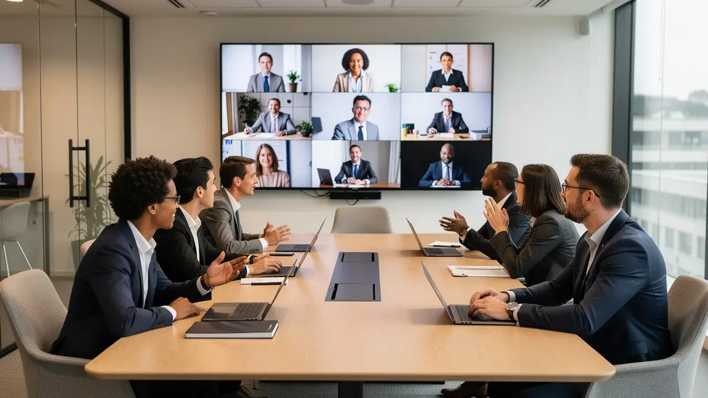 Salle de réunion hybride avec écran affichant des participants en visioconférence