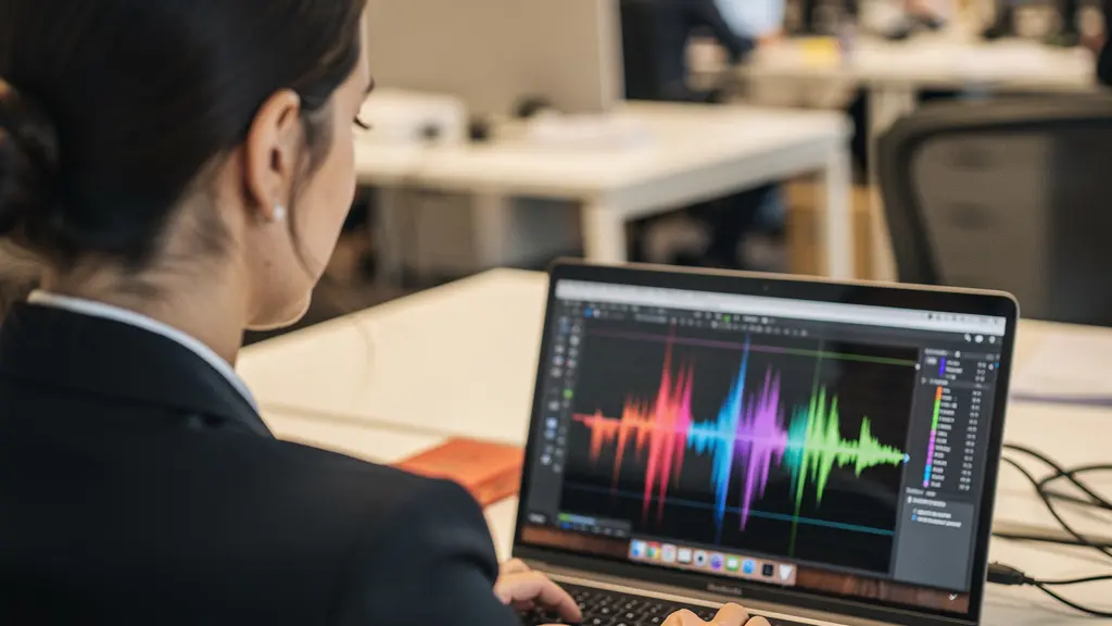 Professionnelle consultant une transcription IA sur écran d'ordinateur portable Professionnelle consultant une transcription IA sur écran d'ordinateur portable