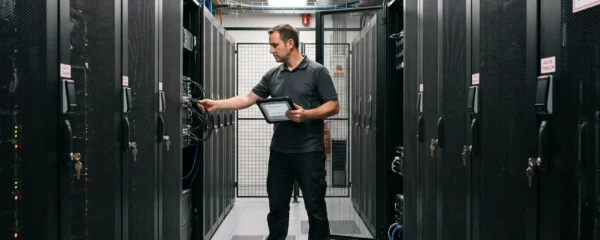 ingénieur inspecte une baie de serveurs dans un datacenter d'entreprise sécurisé.