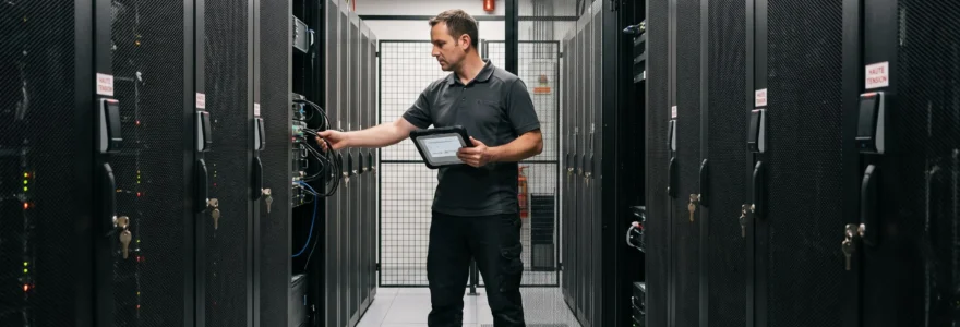 ingénieur inspecte une baie de serveurs dans un datacenter d'entreprise sécurisé.