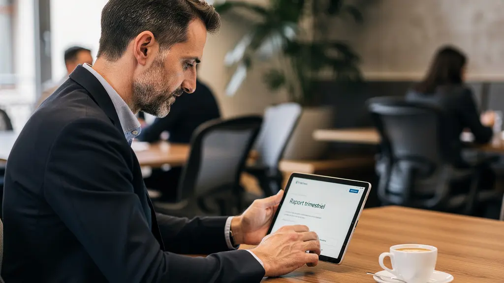 Professionnel relisant un document sur tablette dans un espace de coworking Professionnel relisant un document sur tablette dans un espace de coworking